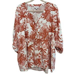 Panama Jack Linen Blend Tunic Top Womens 3X Orange Cream Floral Botanical Beachy